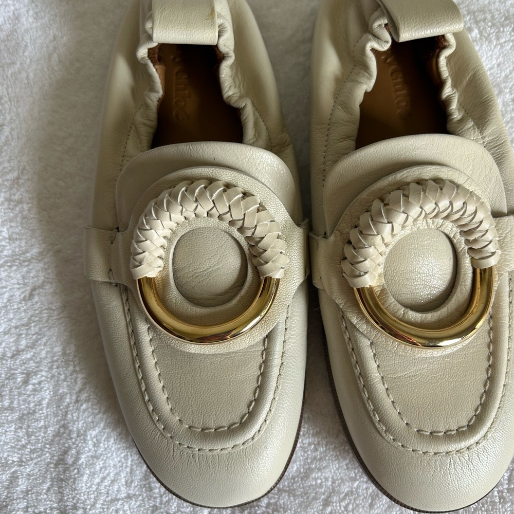 Chloe Cream Leather Loafers with Gold Ring Detail